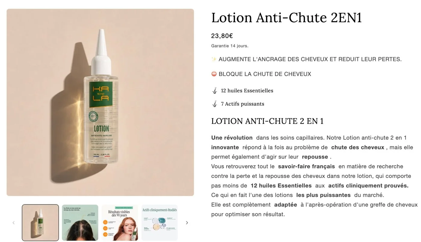 Page produit Kalaboost avant la refonte